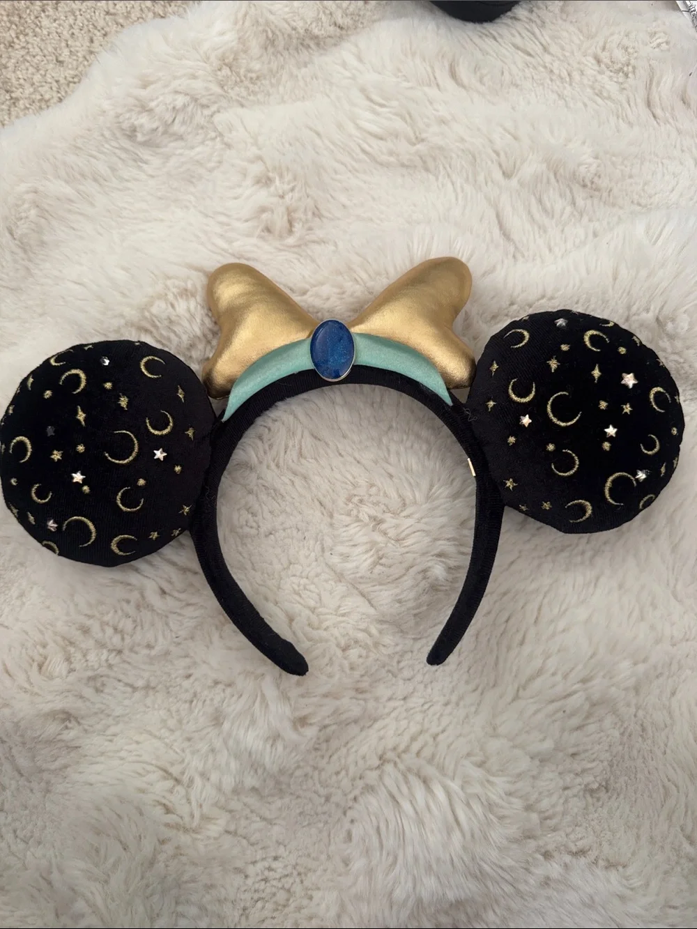 Disney Jasmine Starry Black Mouse Ear Headband with Gold Bow and Teal Accent